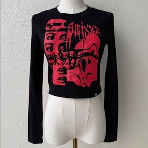 SWIXXZ NWOT Long sleeve cropped black tee with red design, medium